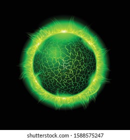 Illustration of a Green Fiery Ball of a Burning Star, Solar Disk. Solar Flare Burning Around Astrological Celestial At Galaxy Concept Illustration on Black Background