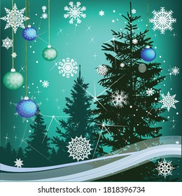 illustration with green fir under snow