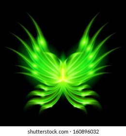 Illustration of green fire butterfly on black background. 