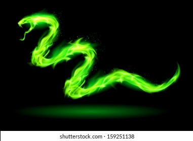  Illustration of green fire snake on black background.  