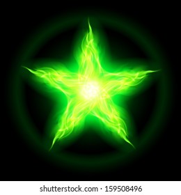 Illustration of green fire star on black background.  