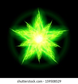 Illustration of green fire star with weak radiance on black background.