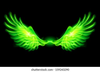 Illustration of green fire wings on black background.