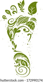 Illustration of a Green Foot Print Made of Swirls, Leaves and Plants