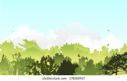 illustration with green forest and birds in the sky