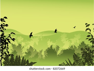 illustration with green forest and birds in sky