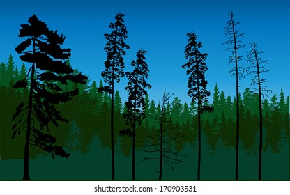ilustración con bosque verde y árbol negro