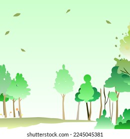 Illustration of Green Forest with flying leaves. Perfect for Book Covers, Illustrations or design materials