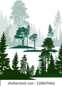 illustration with green forest isolated on white background