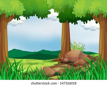 Illustration eines grünen Waldes mit Felsen