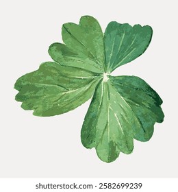 Illustration of a green four-leaf clover. The clover has four distinct leaves. Green clover symbolizes luck. Artistic clover design on a light background. Vintage botanical leaf illustration vector.