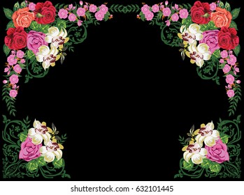 illustration with green frame decorated by rose flowers isolated on black background