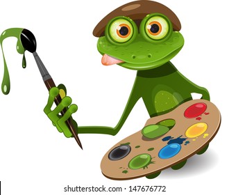 illustration green frog artist with palette and brush