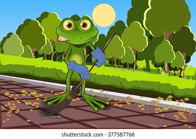 Illustration of a green frog with a broom