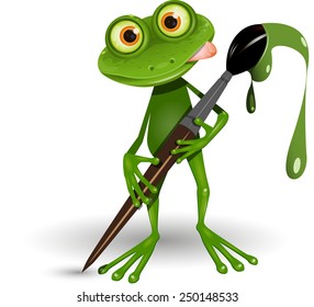 Illustration Green Frog with Brush with Paint