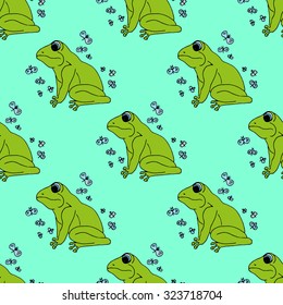 Illustration green frog with butterflies, background. Seamless pattern.
