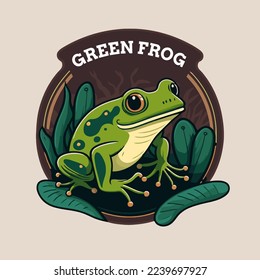 illustration of green frog  character logo mascot design in cartoon vector flat color style for business branding