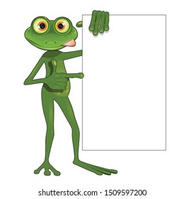 Illustration Green Frog Holds White Background in Paw