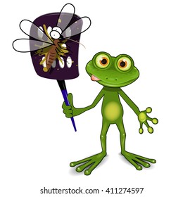 Illustration a green frog kills a mosquito