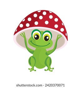 Illustration of a green frog with a mushroom hat isolated on a white background