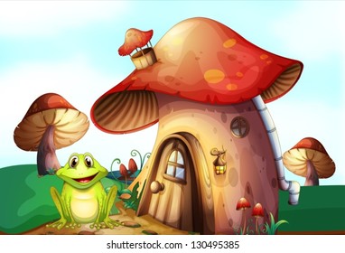 Illustration of a green frog near a mushroom house