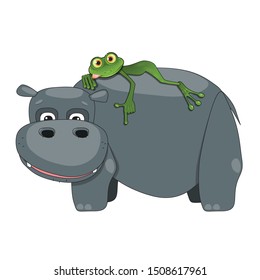 Illustration of a Green Frog on a Hippo on a White Background