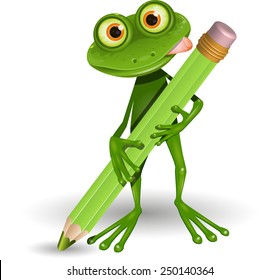 Illustration Green Frog with Green Pencil