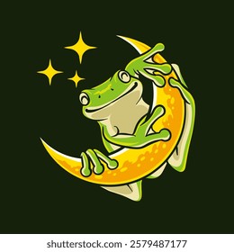 illustration of a green frog perched on the moon