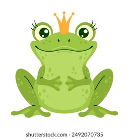 Illustration of a green Frog Prince wearing a golden crown, sitting and smiling on a white background. Hand drawn trendy flat style isolated Vector illustration. Concept of fairy tales and royalty. 