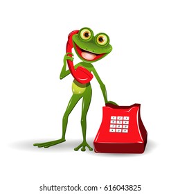 Illustration a Green Frog with Red Phone