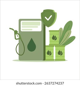 An illustration of a green fuel station, oil barrels, and a shield conveys a secure and eco-friendly energy resource for various environmentally conscious applications.