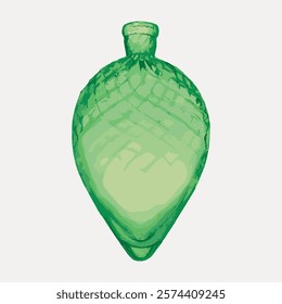 Illustration of a green glass bottle with a textured surface. The green bottle has a unique shape, showcasing intricate glasswork. Decorative green glass bottle. Vintage vector element.