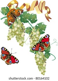 illustration with green grapes and red butterflies