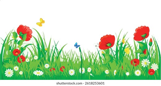 Illustration of green grass with bright spring flowers on a white background. Perfect for use as a website header, footer, banner, or decorative flower bed element.