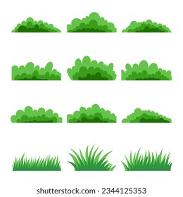 illustration of green grass or bush element set isolated on white background.cartoon grass illustration in flat design collection.clipart grass or bush element set