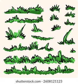 illustration green grass, collection. Nature vector illustration, land ecosystem grass. grass and flowers with doodle style drawing