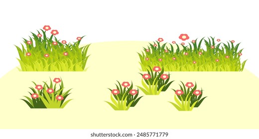 Illustration of green grass and flowers. vector collection of grass in flat style. Spring green grass, green lawn. summer nature background