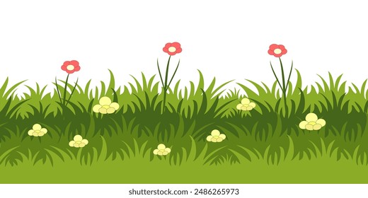 Illustration of green grass and flowers. vector collection of grass in flat style. Spring green grass, green lawn. summer nature background