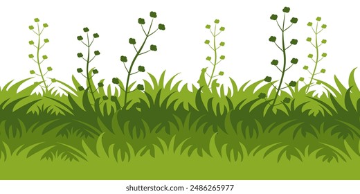 Ilustración de hierba verde y flores. colección de Vector de hierba en estilo plano. Hierba verde de la primavera, césped verde. fondo de la naturaleza del verano
