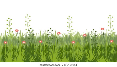Illustration of green grass and flowers. vector collection of grass in flat style. Spring green grass, green lawn. summer nature background