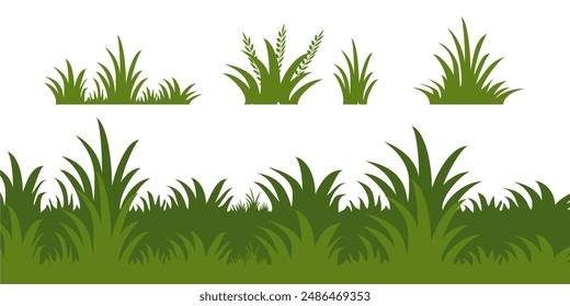 Illustration of green grass and flowers. vector collection of grass in flat style. Spring green grass, green lawn. summer nature background