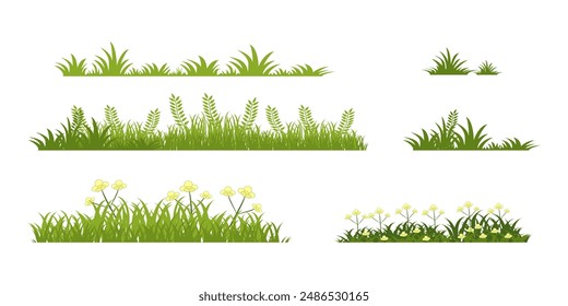 Illustration of green grass and flowers. vector collection of grass in flat style. Spring green grass, green lawn. summer nature background