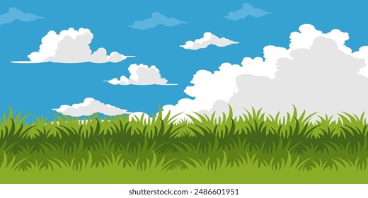 Ilustración de hierba verde y flores. colección de Vector de hierba en estilo plano. Hierba verde de la primavera, césped verde. fondo de la naturaleza del verano con la hierba y el cielo azul con las nubes