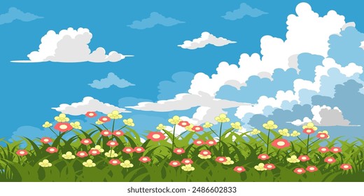 
Illustration von grünem Gras und Blumen. Gras Vektorgrafik Kollektion im flachen Stil. Frühlingsgrünes Gras, grüner Rasen, sommerlicher Naturhintergrund mit Gras, Blumen und blauem Himmel mit Wolken