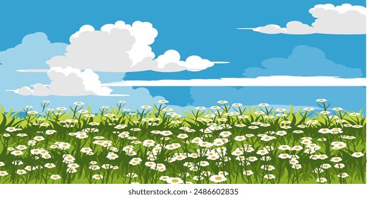 
Illustration von grünem Gras und Blumen. Gras Vektorgrafik Kollektion im flachen Stil. Frühlingsgrünes Gras, grüner Rasen, sommerlicher Naturhintergrund mit Gras, Blumen und blauem Himmel mit Wolken