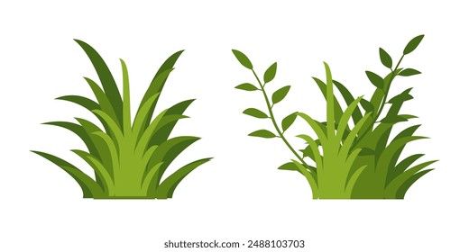 Ilustración de hierba verde y flores. colección de Vector de hierba en estilo plano. Hierba verde de la primavera, césped verde. fondo de la naturaleza del verano