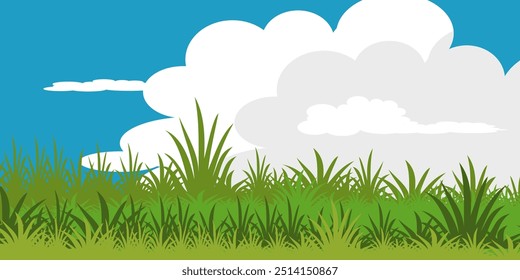 Ilustración de hierba verde y flores. colección de Vector de hierba en estilo plano. Hierba verde de la primavera, césped verde. fondo de la naturaleza del verano con la hierba y el cielo azul con las nubes