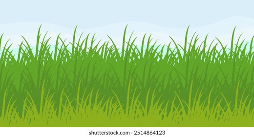 Illustration of green grass and flowers. grass vector collection in flat style. Spring green grass, green lawn. summer nature background with grass and blue sky with clouds
