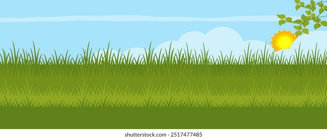 Illustration of green grass and flowers. grass vector collection in flat style. Spring green grass, green lawn. summer nature background with grass and blue sky with clouds. sun.