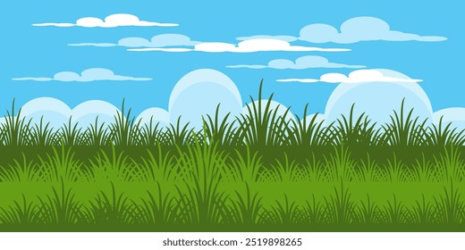 Illustration of green grass and flowers. grass vector collection in flat style. Spring green grass, green lawn. summer nature background with grass and blue sky with clouds.